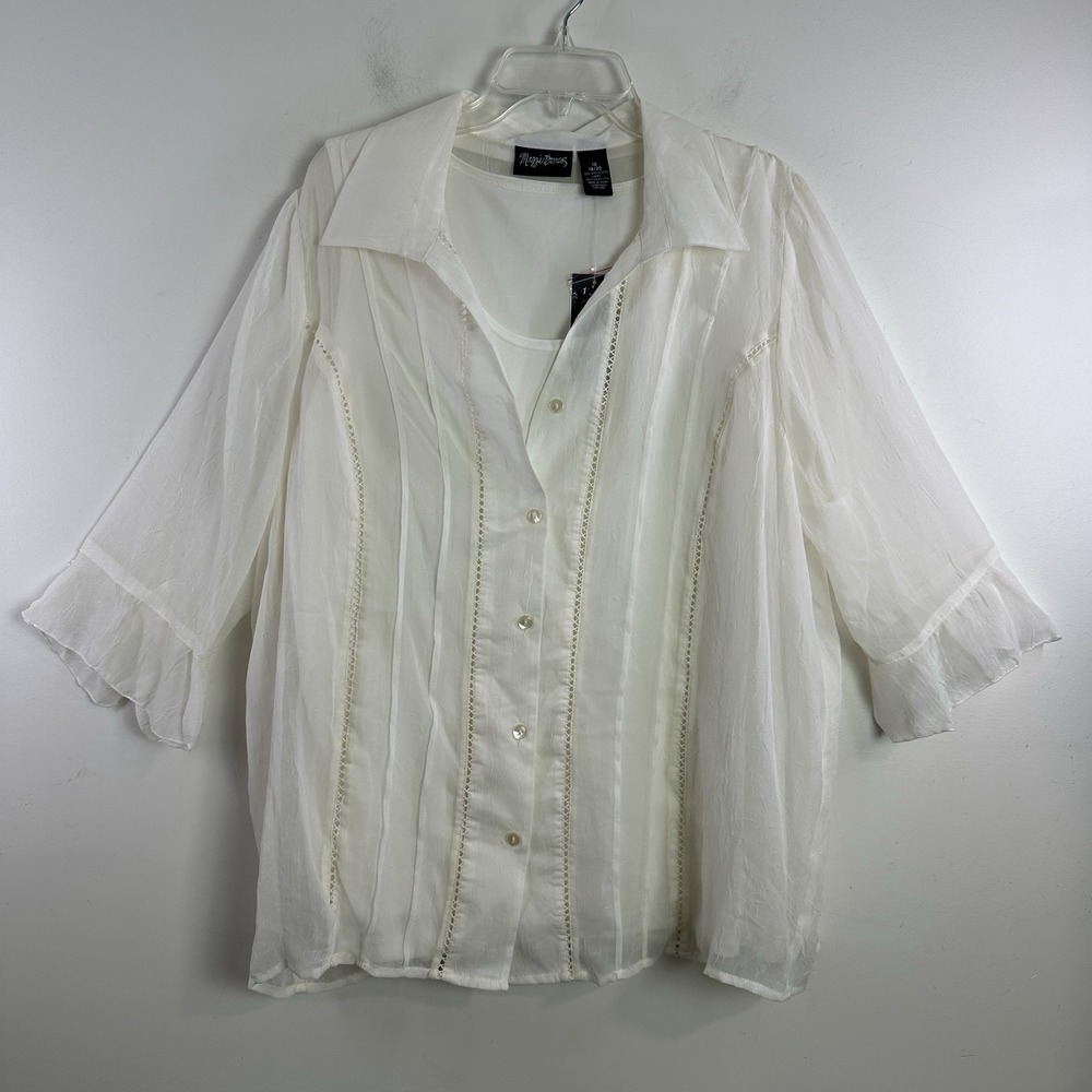 NWT Maggie Barnes Button Up Sheer Layered Pleated Sz 1X 18 Ruffle Sleeves